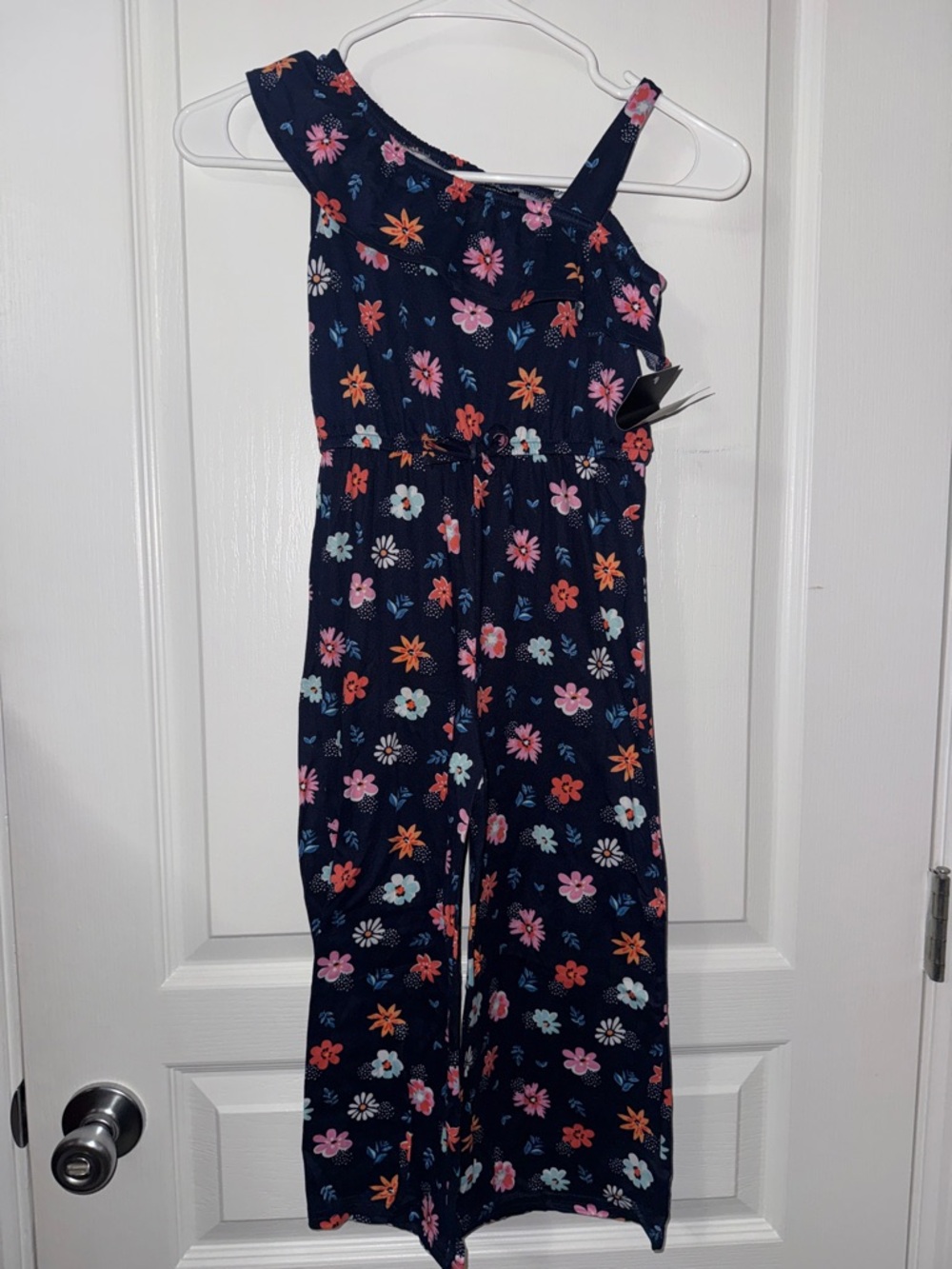 Girls Navy Floral One-Shoulder Jumpsuit